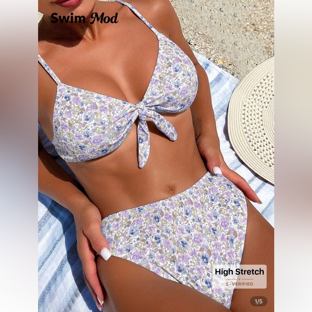 Floral Front Knot Bikini Set, Mauve Purple